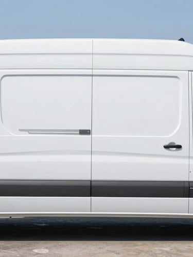 Straight-on profile shot of a sterile white refrigerated sprinter van, bright clinical daylight, crisp focus, 50mm lens