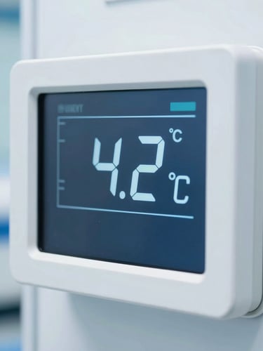 Macro shot of a digital temperature telemetry screen showing 4.2°C inside a clinical cargo hold, sterile white background, sharp focus