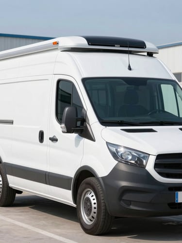 Profile shot of a clean, white validated refrigerated transport van with technical markings, parked in bright daylight, sharp focus, 50mm lens