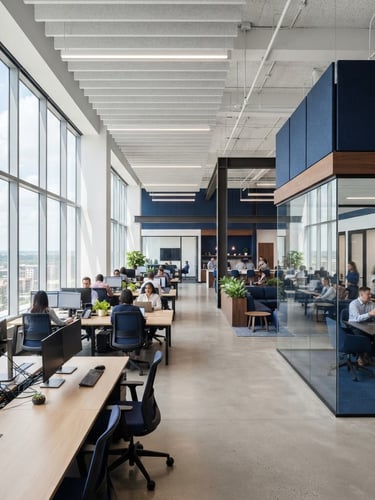 Wide architectural shot of a pristine, newly renovated modern office space, bright natural daylight, clean white balance, deep blue accents, premium finish, 35mm lens.