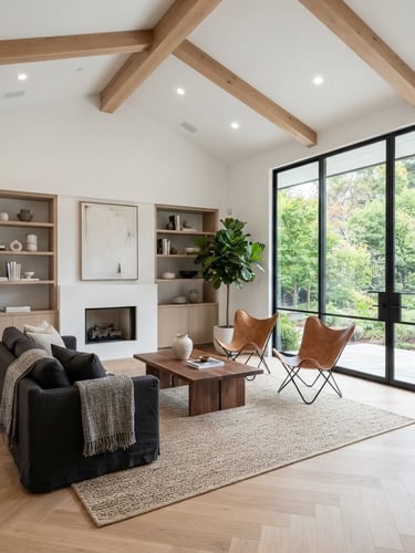 Wide architectural shot of a pristine, newly renovated living room, bright natural daylight, high contrast, clean white balance, 35mm lens.