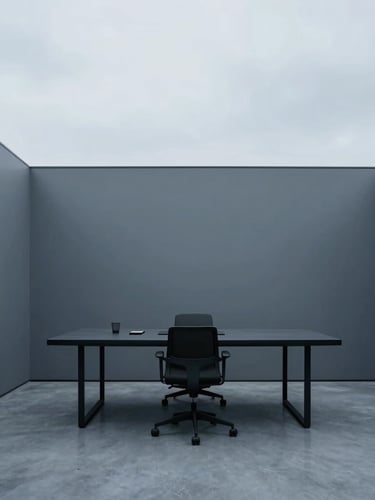 Wide-angle architectural photograph of a minimalist modern workspace, cool overcast daylight, desaturated slate blue tones, sharp focus.