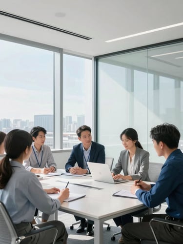 Bright modern conference room with glass walls, natural daylight, professional team members collaborating around a table, crisp white and blue tones, 35mm