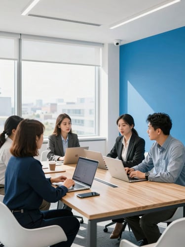 A bright, modern office meeting room with natural daylight streaming through large windows, professionals collaborating around a light wood table, crisp white and vibrant blue tones, 35mm photography.