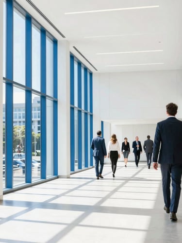 Bright modern corporate office lobby in Melbourne Florida, natural daylight streaming through high windows, professional people walking in background, 35mm