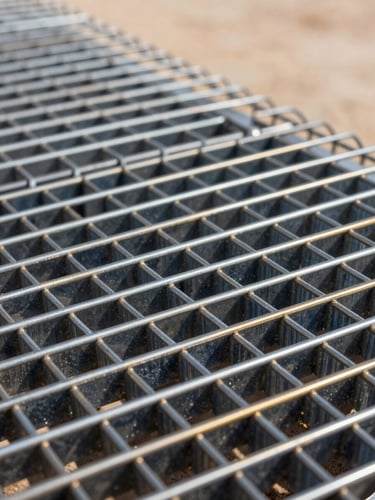 Close-up of industrial galvanized steel wire mesh, showing precise welds and thick zinc coating, professional technical photography, sharp focus