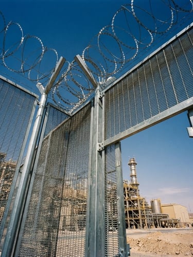 Low-angle architectural shot of a heavy-duty anti-climb security fence surrounding a modern Saudi industrial facility, harsh desert daylight, metallic textures of galvanized steel against a clear blue sky, professional 35mm photography