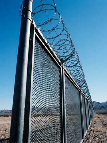 Low-angle shot looking up at high-security anti-climb mesh fencing with razor wire on top, bright desert daylight, deep navy shadows, sharp metallic steel textures, clear blue sky.