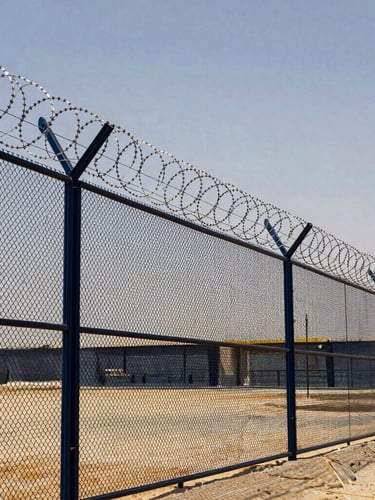 Low-angle architectural editorial shot of a heavy-duty anti-climb mesh fence with razor wire top, protecting a secure national infrastructure facility in Riyadh, bright desert daylight, 35mm lens
