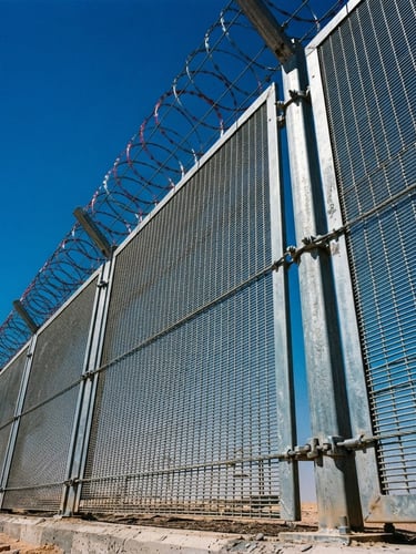 Low-angle architectural shot of a high-security anti-climb fence under harsh Saudi sun, clear blue sky, galvanized steel texture reflecting light