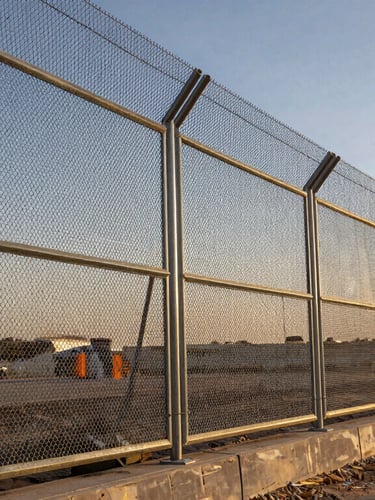 A high-security perimeter fence with anti-climb mesh installed along a major Saudi infrastructure site, golden hour lighting reflecting off the metallic galvanized steel, low-angle perspective emphasizing height and strength