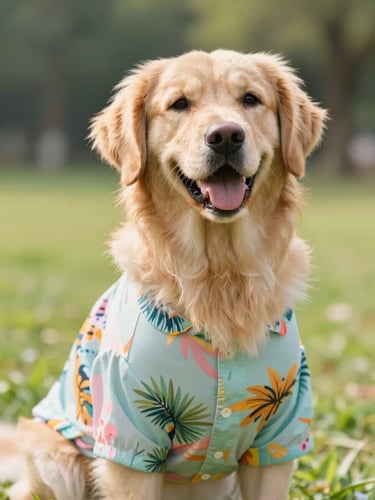 A happy golden retriever wearing a colorful tropical shirt sitting in a sunny park, bright warm photography, natural daylight, soft focus background