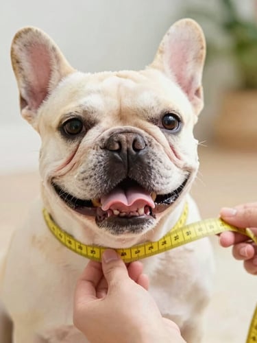 Bright warm photo of a happy French Bulldog being gently measured with a soft yellow measuring tape by hands, cheerful pastel tones, natural daylight, soft focus background