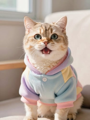 Close-up of a happy cat wearing a custom-fit soft cotton hoodie, sitting comfortably in a sunny living room corner, warm natural lighting, pastel tones
