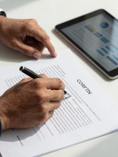 Tight candid crop of Gaurav Sharma's hands reviewing legal contracts alongside a tablet showing marketing analytics, high-contrast natural light, sharp clean shadows.
