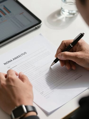 Tight candid crop of hands analyzing physical contracts next to a modern tablet displaying data charts, high-contrast natural light, sharp clean shadows.