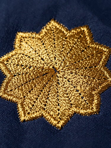 Crisp studio photography of high-density golden embroidery stitches on deep navy fabric, sharp high-contrast light catching thread textures, 85mm macro detail