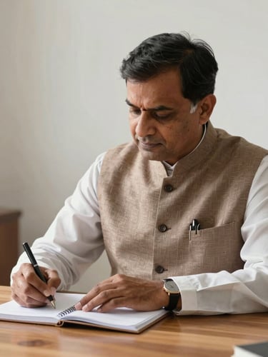 A mature Indian professional in a Nehru jacket sitting at a clean wooden desk, writing systematically in a notebook under soft, natural morning light.