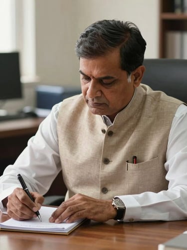 A mature Indian professional in a neat Nehru jacket, sitting at a wooden desk in a well-lit office in Lucknow, writing carefully in a notebook with a pen, soft natural daylight.