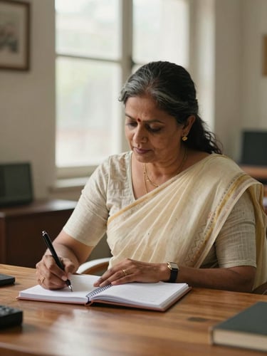 A mature Indian professional in a simple cotton saree sitting at a clean wooden desk, writing in a notebook, soft natural indoor daylight from a window, professional and focused atmosphere.