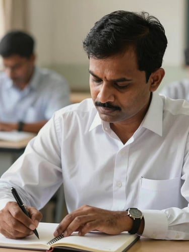 Medium-close up of a mature Indian man in a crisp formal shirt, writing in a notebook in a well-lit classroom, soft natural daylight