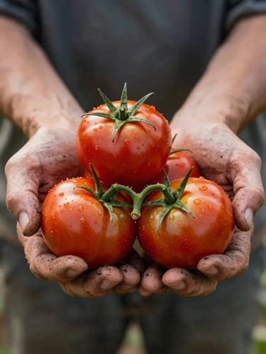Close-up of weathered hands holding a cluster of ripe tomatoes just harvested, north-facing daylight, soil-dusted fingers, shallow depth of field, warm natural tones, no artificial lighting