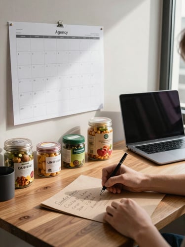 Agency workspace during active content planning — a wooden desk with a large printed calendar pinned to the wall, seasonal produce samples arranged beside a laptop, afternoon light from a window, hands writing notes on kraft paper