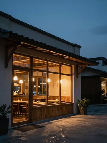 Panoramic view from outside a warmly lit artisanal restaurant at dusk, north-facing window light spilling onto the pavement, timber interior visible, no people — wide, cinematic, left-aligned subject with generous dark sky to the right