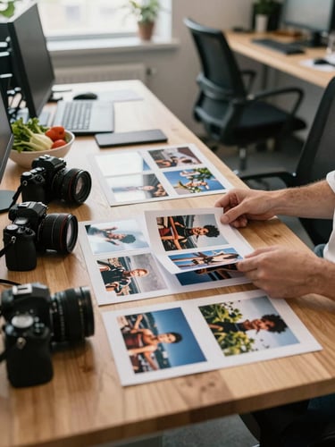 Wide shot of an agency workspace in natural north-facing daylight — a wooden desk to the left with a camera, printed contact sheets, and a bowl of seasonal vegetables, hands mid-motion sorting through photographs, warm parchment tones throughout