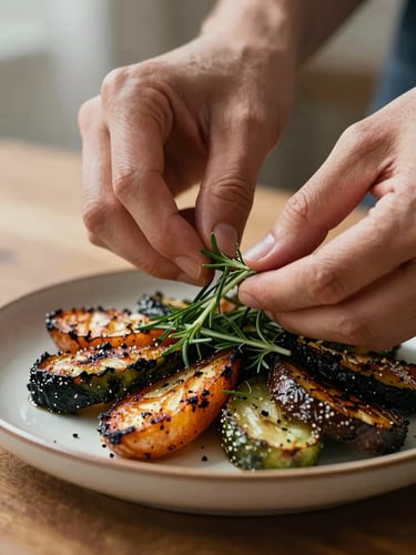 Extreme close-up of hands carefully placing a sprig of fresh herb onto a ceramic plate of roasted vegetables, soft north-facing daylight from the left, wooden table surface visible at the edge, no props or staging