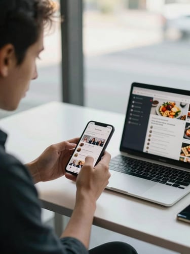 Agency team member at a standing desk reviewing a phone screen showing social media posts, a laptop open beside them with food photographs visible, afternoon window light, relaxed and focused, real workspace environment
