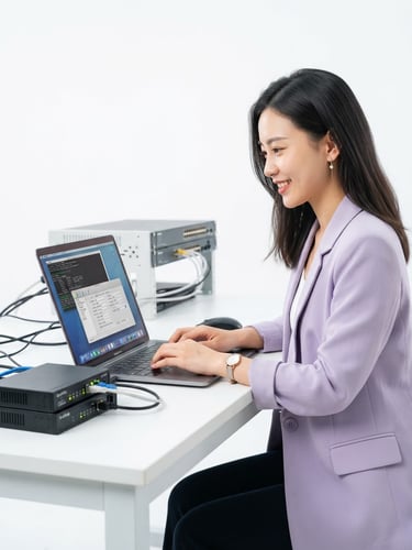 Bright high-key technology photography of a pretty 25-year-old Chinese female engineer in a light purple suit, hair untied, typing on a laptop to configure OpenVox telephony equipment, clean white backdrop, 50mm
