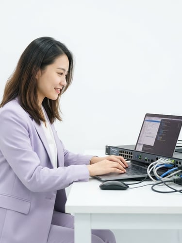 Bright high-key technology photography of a pretty 25-year-old Chinese female engineer with untied hair in a light purple suit typing on a laptop to configure OpenVox IP PBX telephony equipment, clean white backdrop, 50mm