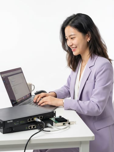 Medium close-up of a pretty 25-year-old Chinese female engineer with untied hair, wearing a light purple suit, typing on a laptop to configure OpenVox telephony equipment, bright high-key studio lighting, clean white background