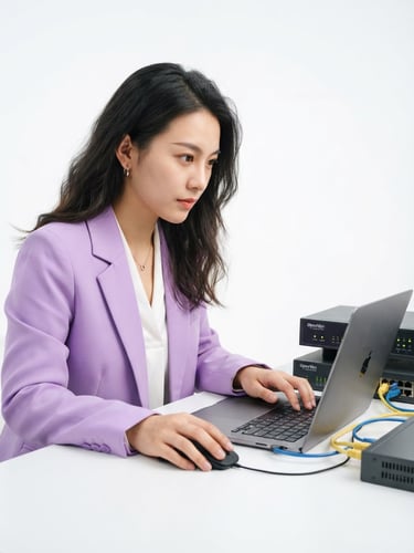 Medium close-up of a pretty 25-year-old Chinese female engineer with untied hair, wearing a light purple suit, typing on a laptop to configure OpenVox telephony equipment, bright high-key studio lighting, 50mm.