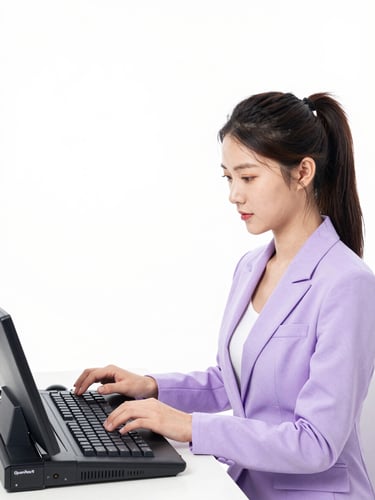 Bright high-key studio photo of a pretty 25-year-old Chinese female engineer with untied hair, wearing a light purple suit, programming an OpenVox IP PBX system, clean white background, 50mm.
