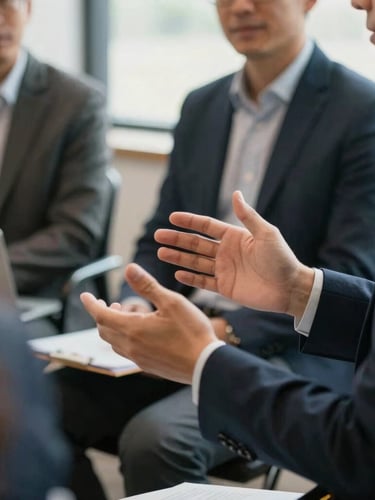 A close-up of a corporate leader facilitating a collaborative workshop, hands gesturing naturally, warm daylight, professional candid
