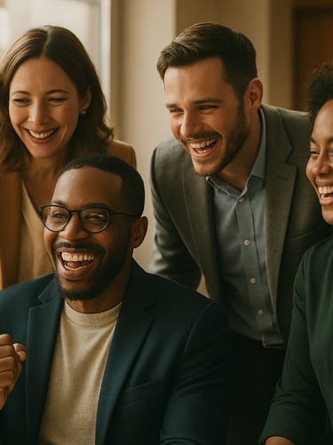 A small group of diverse business professionals in a candid, warm office setting, smiling naturally during a breakthrough moment, soft window light