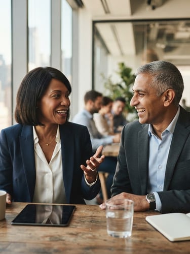 A candid medium close-up of two diverse corporate executives in a modern, sunlit workspace, engaged in a focused, warm conversation, soft window light, shallow depth of field.