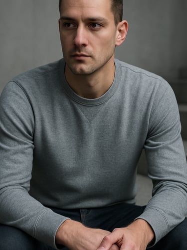 Environmental portrait, male model seated on concrete steps in minimal grey setting, close crop at three-quarter length, soft diffused studio light, sharp editorial clarity, no filters