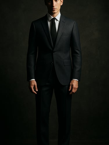 Full-length editorial portrait, male model in tailored suit against dark textured wall, low ambient studio light with single key light from above-right, sharp and precise, film-still quality