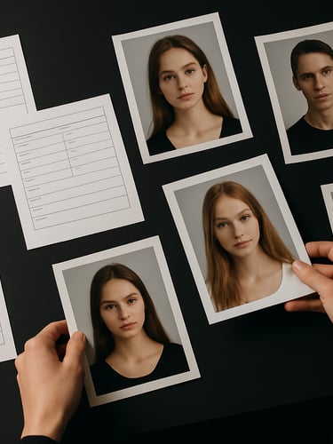 Behind-the-scenes casting preparation, close overhead view of comp cards and specification sheets spread on a matte black table, hands arranging printed portraits, soft studio overhead lighting, precise documentary framing, no faces visible, detail-focused