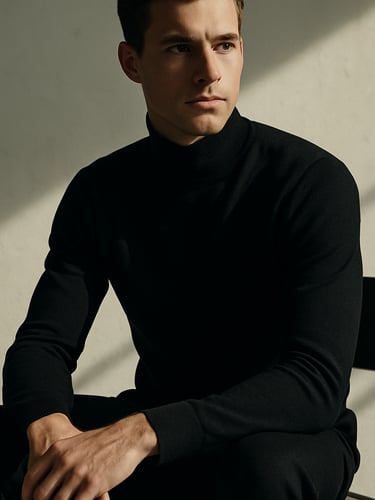 Three-quarter length editorial portrait, male model in minimal dark turtleneck, seated on casting studio chair, strong north-facing natural light, sharp focus, no styling distractions, film-still frame quality