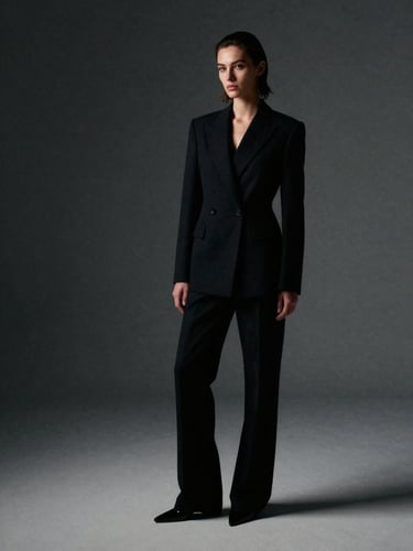 Full-length editorial portrait of a female model in a minimal dark studio, standing three-quarters to camera, wearing structured black fashion, soft north-facing studio light sculpting the silhouette, generous negative space to the left, film-still quality, high contrast