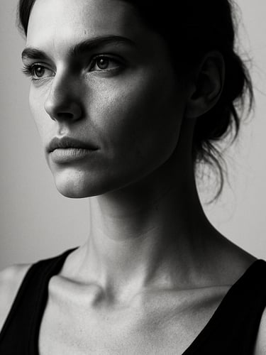 Close-up detail shot transitioning to three-quarter portrait, female model with strong bone structure, minimal white backdrop, north-facing window light, high contrast black and white editorial tone