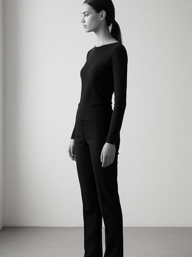 Wide studio shot, model standing in three-quarter profile near a tall white cyclorama wall, soft north-facing daylight from the left, full-body environmental portrait showing clean lines of posture, minimal shadow, high contrast black-and-white tones, professional documentation aesthetic