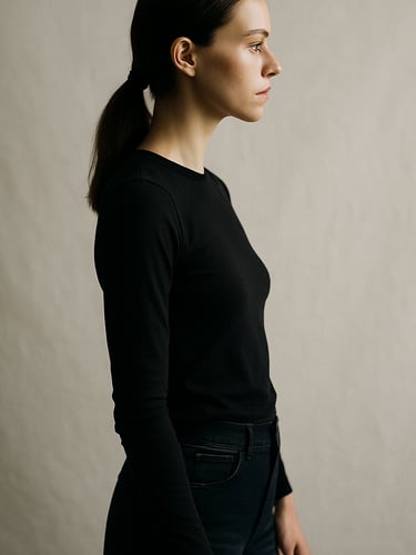 Studio environmental portrait, female model standing in profile against off-white backdrop, hands visible at side with precise posture, soft diffused overhead light, high contrast editorial documentary style