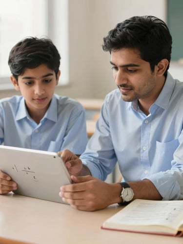 A professional Pakistani tutor in a bright, modern study room explaining a mathematics formula on a tablet to an attentive high school student, soft natural daylight, shallow depth of field