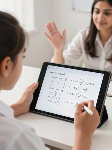 Over-the-shoulder shot of a high school student in Lahore using a tablet with a stylus, a professional female math tutor explaining a geometry equation on the screen, bright natural daylight, 35mm editorial photography.