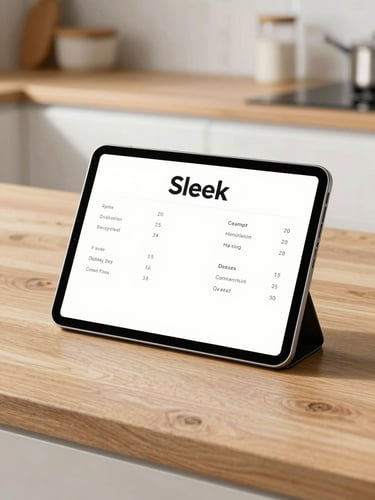 Sleek, modern tablet displaying minimalist healthy recipe on a clean wooden kitchen counter, soft morning sunlight, shallow depth of field.
